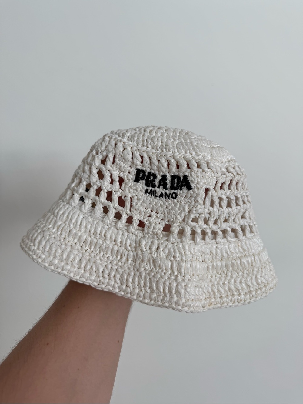 PRADA Raffia White Crochet Bucket Hat - White - Medium - 💯 AUTHENTIC